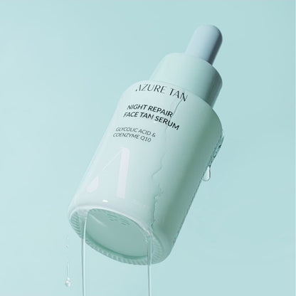 Azure Tan Night Repair Face Tan Serum bottle on a light blue background