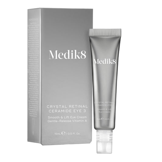 Medik8 Crystal Retinal Ceramide Eye 3 eye cream tube and packaging on a white background