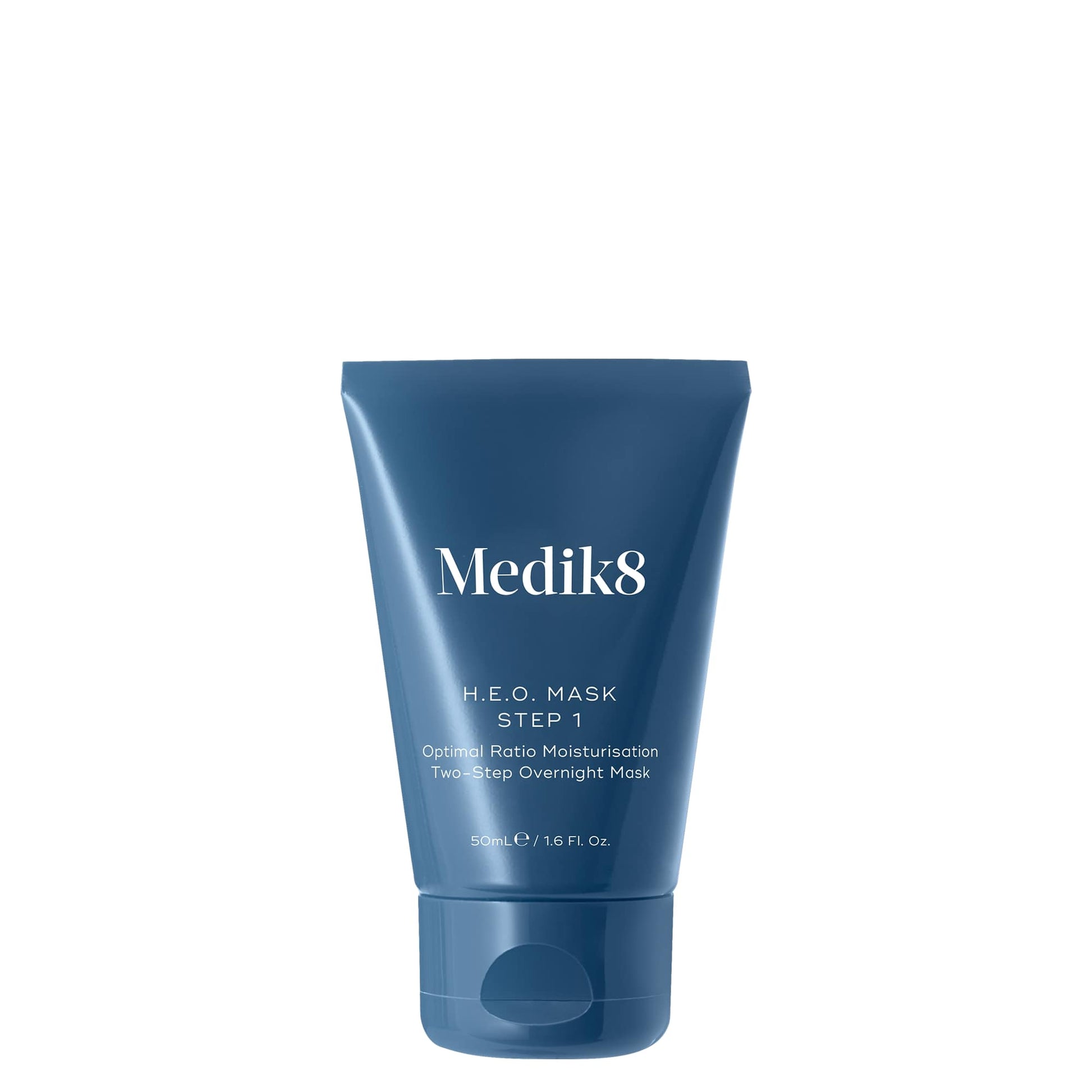 Blue tube of Medik8 H.E.O. MASK step 1 skincare product on a white background