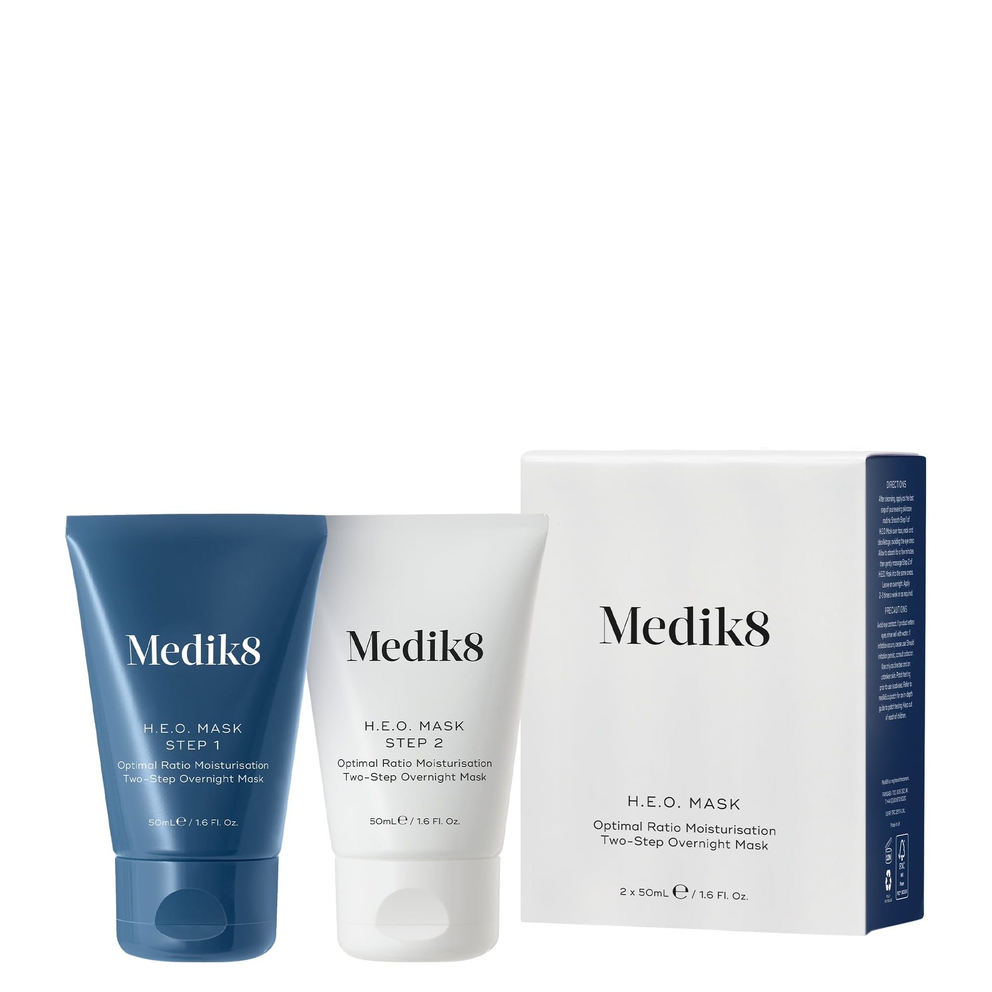 Medik8 H.E.O. MASK skincare products including a blue tube, white jar, and packaging on a white background