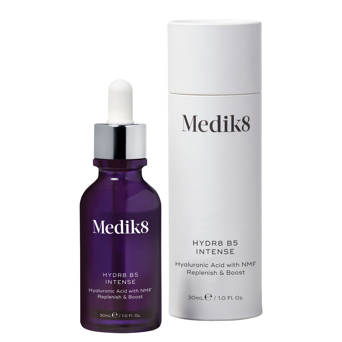 Medik8 HYDR8 B5 INTENSE skincare dropper bottle and tube on a white background
