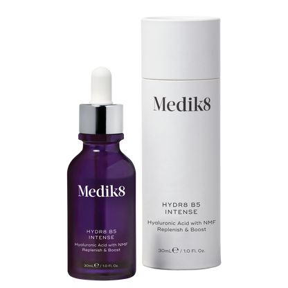 Medik8 HYDR8 B5 INTENSE skincare dropper bottle and tube on a white background