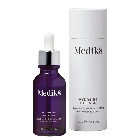 Medik8 HYDR8 B5 INTENSE skincare dropper bottle and tube on a white background