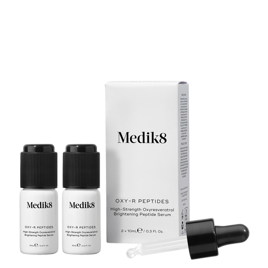 Medik8 OXY-R PEPTIDES skincare products including bottles and a dropper on a white background