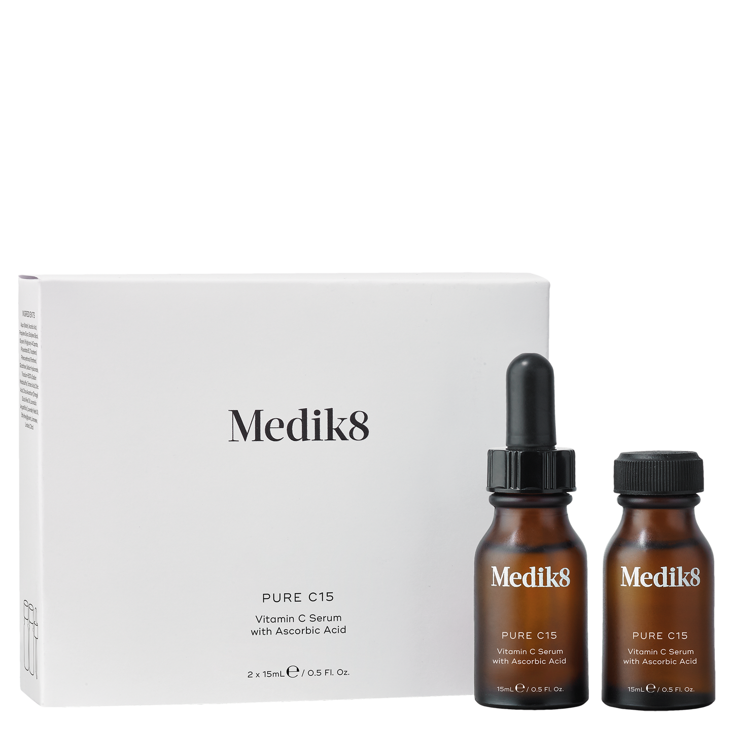 Medik8 skincare PURE C15 serum bottles with packaging on a white background