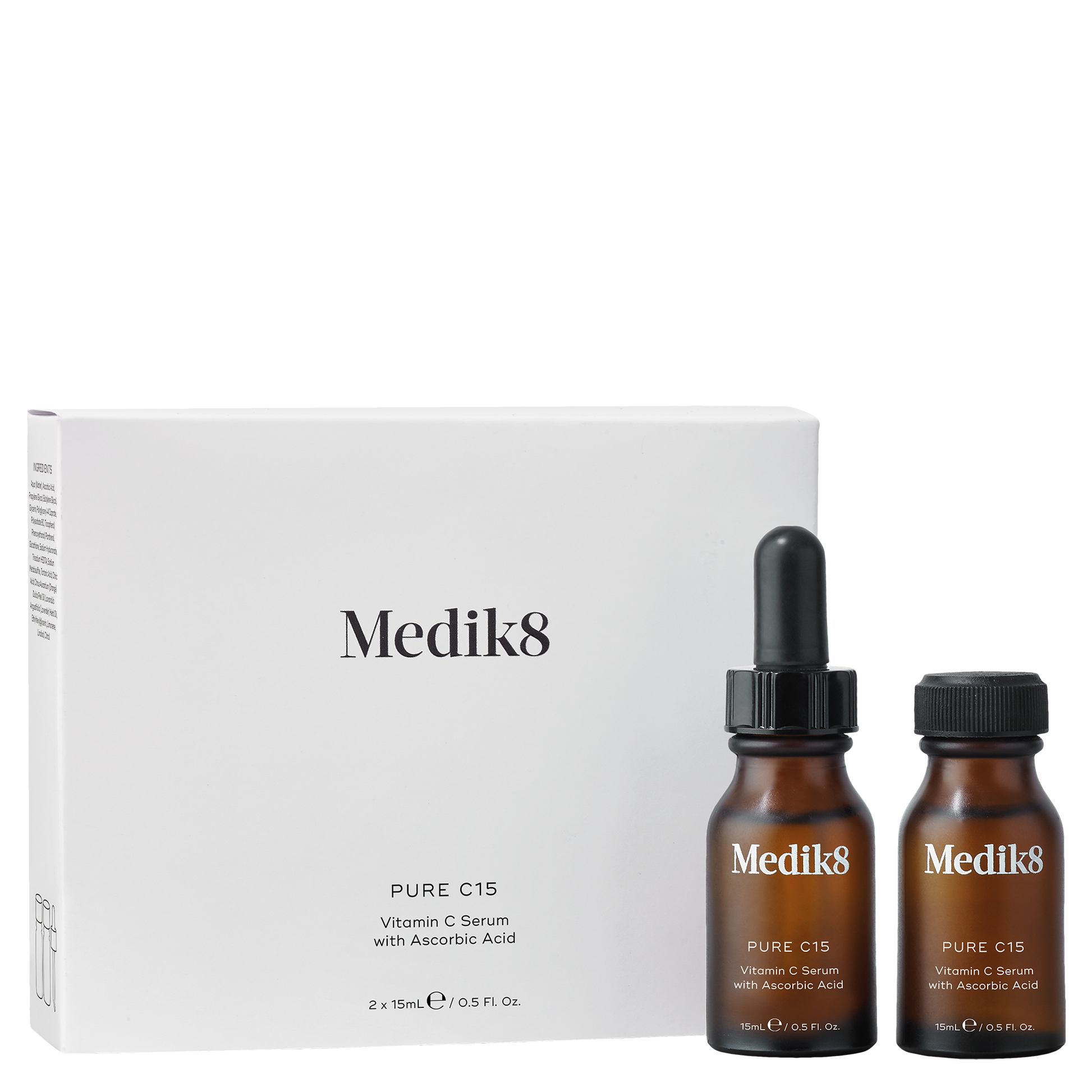 Medik8 skincare PURE C15 serum bottles with packaging on a white background