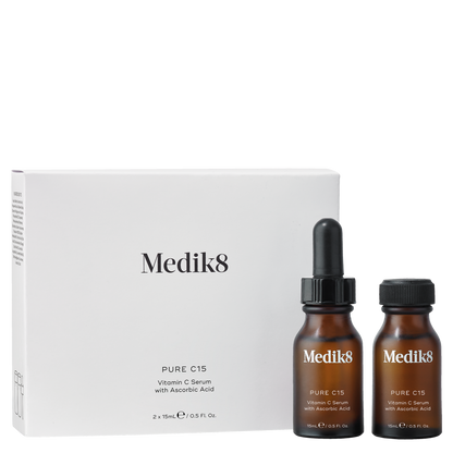 Medik8 skincare PURE C15 serum bottles with packaging on a white background