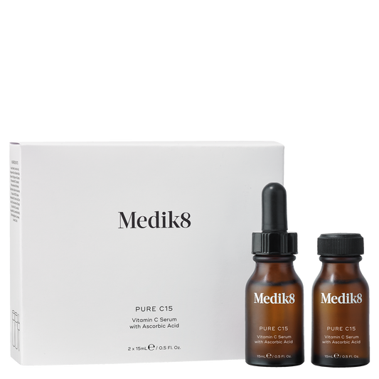 Medik8 skincare PURE C15 serum bottles with packaging on a white background